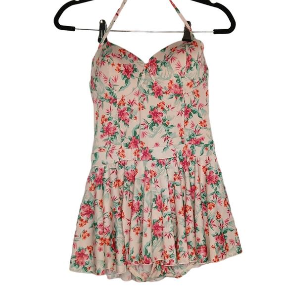 Bettie Page Halter Tropical Floral Hibiscus NWT Swim Dress Size 12 - Picture 1 of 9